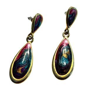 Vintage 80s pierced earrings drop dangle teardrops gold multicolor enamel finish